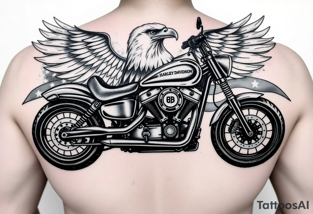 Harley Davidson sporter motorcycle with bald eagle American flag background tattoo idea