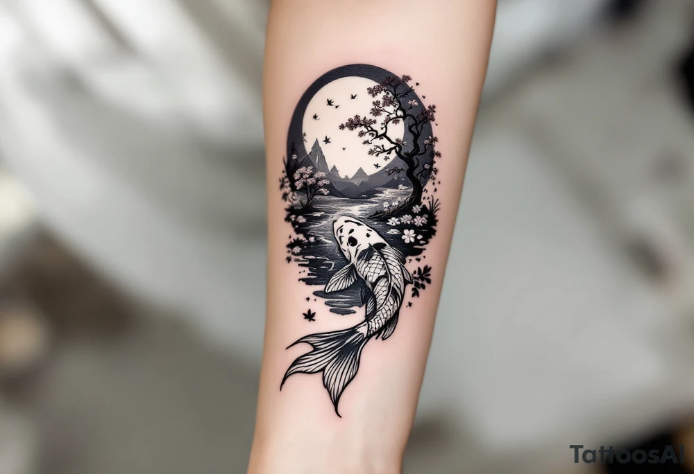 a koi fish swimming upstream in a pond moonlight by the full moon with a sakura tree by the pond tattoo idea