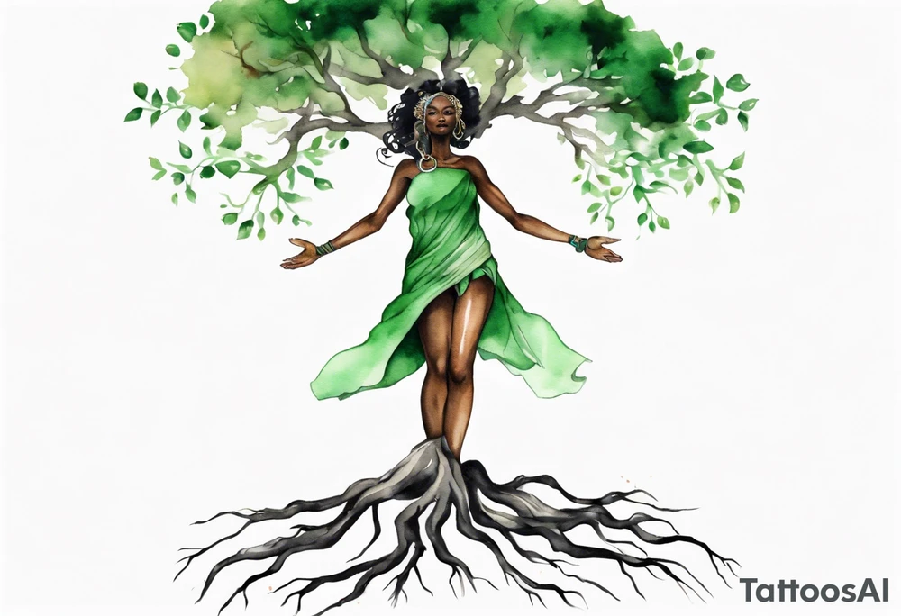 a tree trunk with roots that is a black woman from the waist up, feet made of tree roots, wearing a green tunic, arms reaching upward tattoo idea