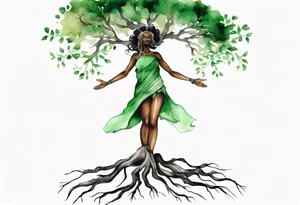 a tree trunk with roots that is a black woman from the waist up, feet made of tree roots, wearing a green tunic, arms reaching upward tattoo idea