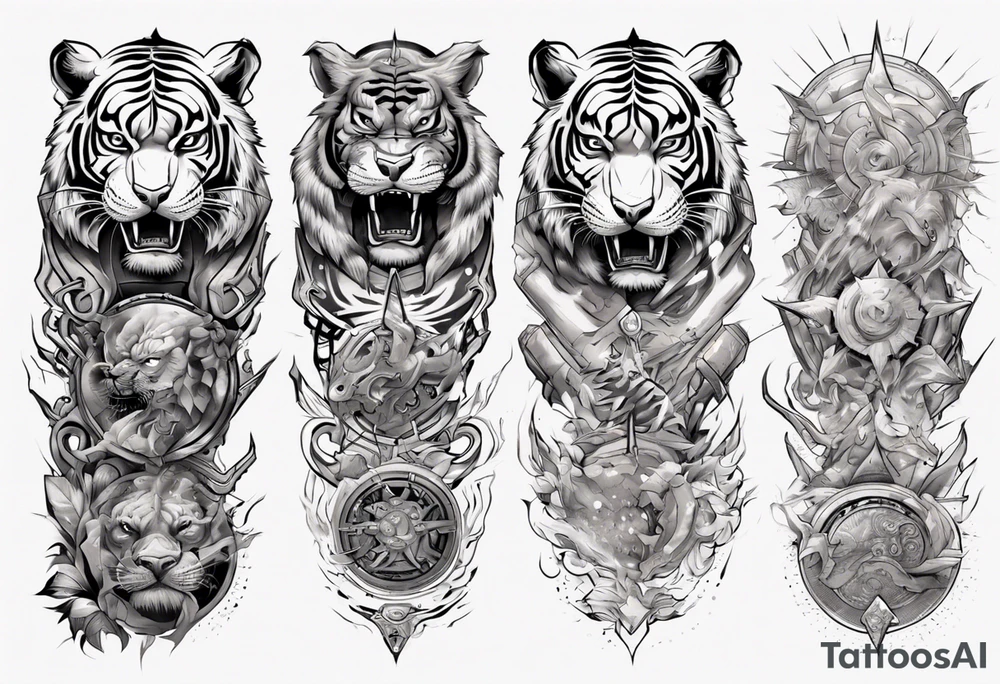 Ancient tiger with lightning and a sun for a forearm sleeve. With patterns surrounding it tattoo idea