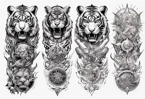 Ancient tiger with lightning and a sun for a forearm sleeve. With patterns surrounding it tattoo idea