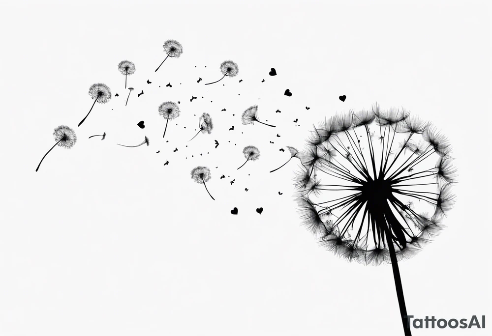 Dandelion with its ligules blowing away, a few legs are tiny hearts, the girls turn into a little bird, flying away to its future tattoo idea