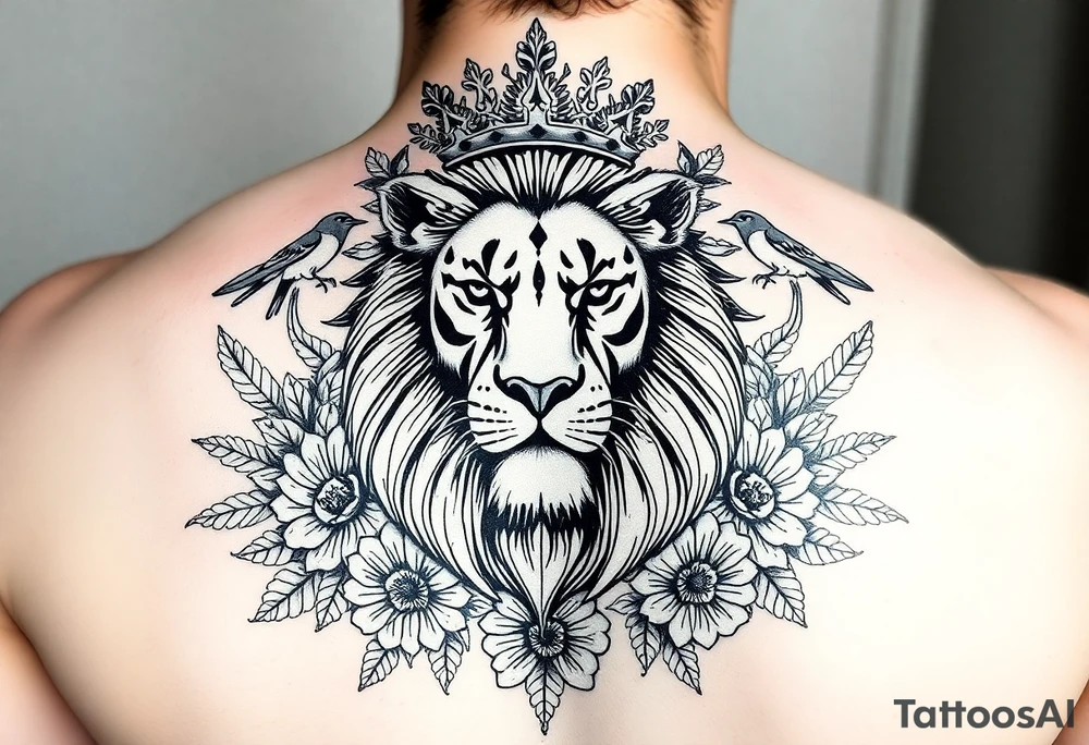 powerful majestic lion with a crown, surrounded by floral ornaments and birds tattoo idea