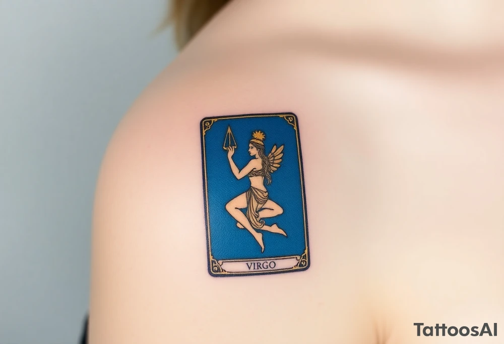 A tarot card featuring the Virgo symbol, with intricate gold detailing and a rich deep blue background tattoo idea