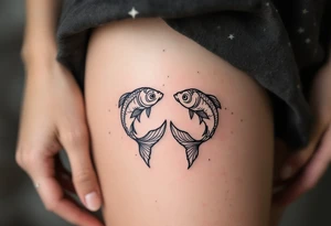 A black-ink Pisces glyph anchors this design, with the Pisces star constellation fading into a soft sky-blue mist. tattoo idea