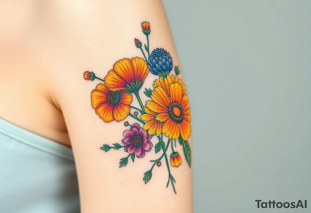 Create an image of an upper arm tattoo (from shoulder cap to just above the elbow) comprised of California poppies, California blackberries, gray’s lupine, marsh marigold, Indian paintbrush, one daisy, and an orange and orange blossom. More realistic and Use color. Bigger bundle and less stems tattoo idea