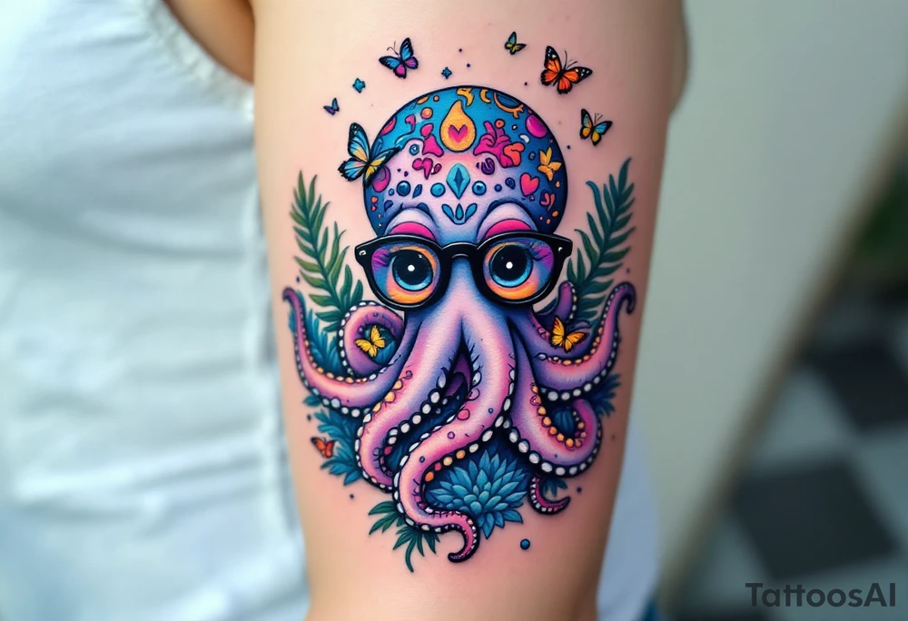 cute octopus, wearing glasses, friendly, surrounded by butterflies and oceanic items, trippy, acid tattoo idea