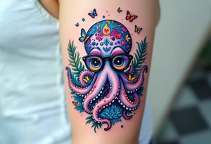 cute octopus, wearing glasses, friendly, surrounded by butterflies and oceanic items, trippy, acid tattoo idea