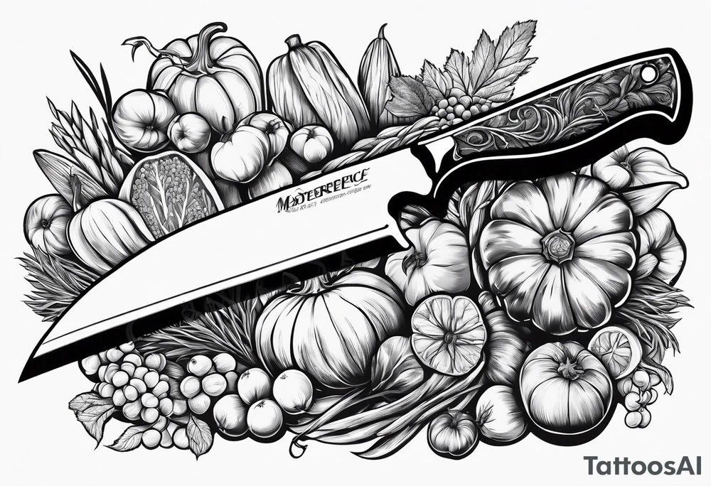 Chef knife with vegetables inside blade tattoo idea
