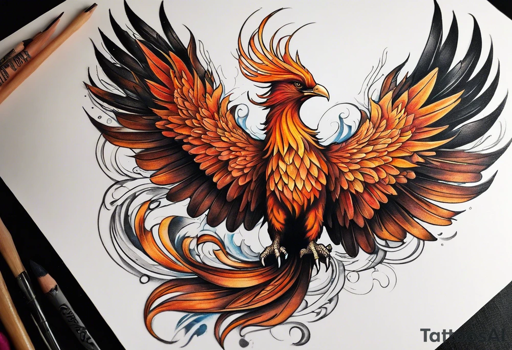 Tattoo: A powerful, majestic phoenix, depicted mid-flight or rising, with wings extended and feathers flowing. Deep shading and intricate details to bring out the texture and motion of the feathers. Style: Micro realism. tattoo idea