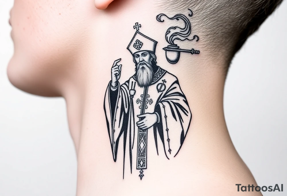 A Russian Orthodox Priest in full gold vestments swinging a censer with smoke curling upward tattoo idea