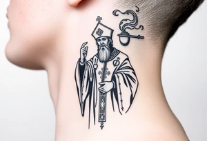 A Russian Orthodox Priest in full gold vestments swinging a censer with smoke curling upward tattoo idea