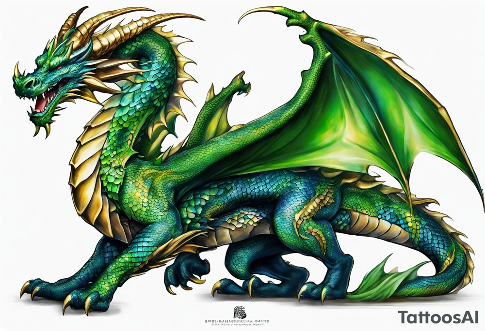 An epic dragon, its body coiling dynamically, with scales and horns detailed to create a sense of movement and strength. The dragon features accents in green, blue, and gold, giving a vibrant depth and a mystical aura. This tattoo highlights the dragon’s fierce expression and sharp claws as it wraps protectively around the leg. Style: Realism tattoo idea