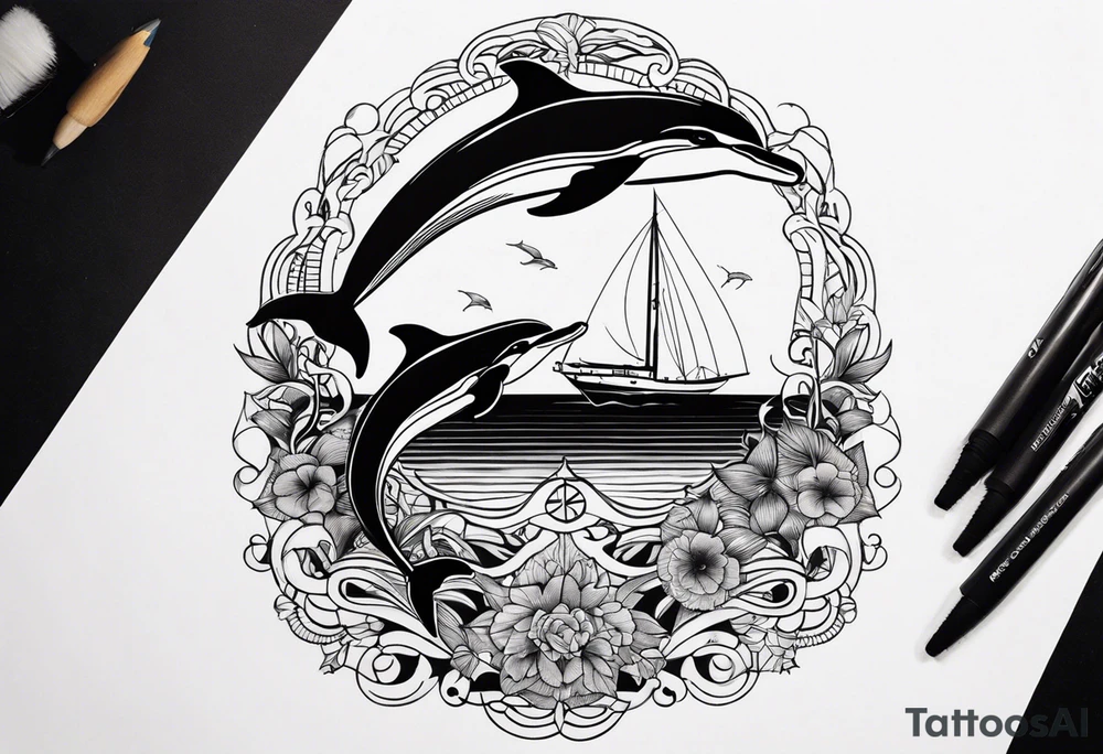 dolphins playing next to  a yacht tattoo idea