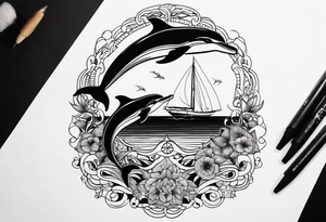 dolphins playing next to  a yacht tattoo idea