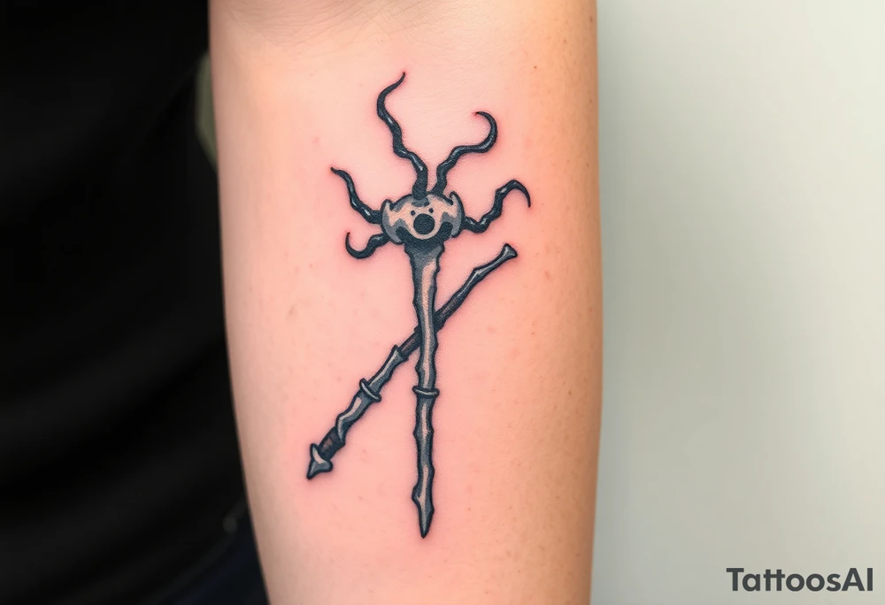 A Death Eater wand with a bone-like structure, emitting dark magical tendrils tattoo idea