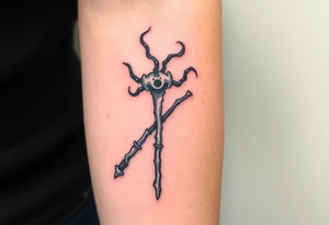 A Death Eater wand with a bone-like structure, emitting dark magical tendrils tattoo idea