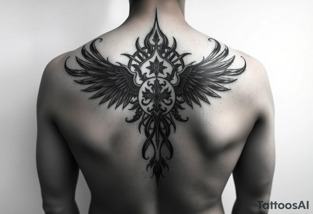 Sak yant Thai tattoo that allows me to access all my powers and magick such as immortality granting immortality to those I ressurect with my blood and creating new magick or allows me to craft new magick grants me telekinesis telepathy allows me to move through shadow to shadow allows me to jump in shadows into the shadow world and move through it allows me to control other people and gods or anyone's magic and body through phychic control as well as seeing spirits and other entities of higher and lower vibrations not seen with naked eyes as well as allows me to communicate with them as azura kaluk mizuzu a supreme one or the Lord of lords he who is the supreme reflection of she who is the Lord of the eternal flame tattoo idea