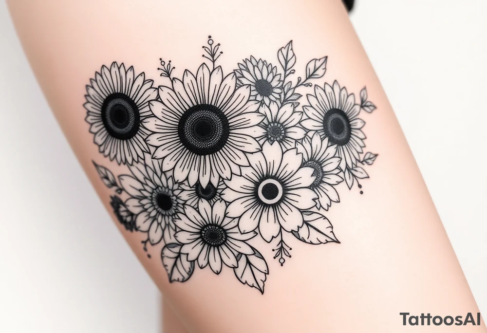 Bouquet of sunflowers, water Lillies, dahlias, marigolds, carnations, hydrangeas, daisys, and chrysanthemums tattoo idea