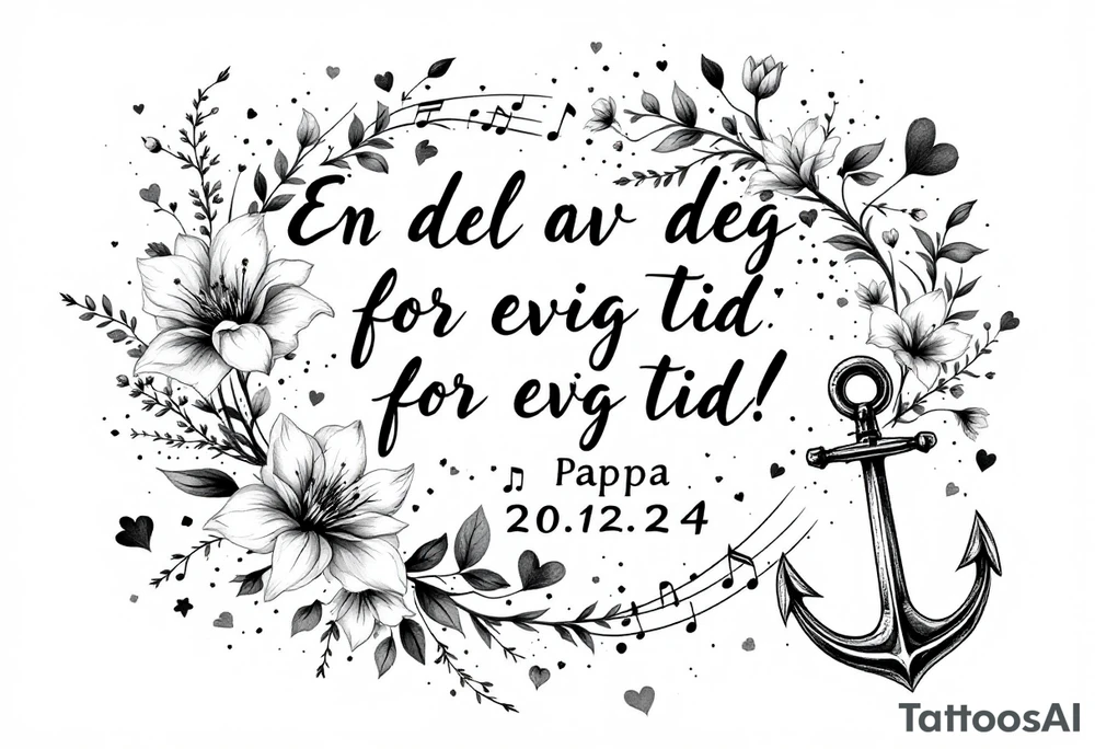 make a quote saying "En del av deg for evig tid! 
Pappa 20.12.24"
Surrounded by delicate long blossom gladious, music notes, hearts and an anchor on the lower right side tattoo idea