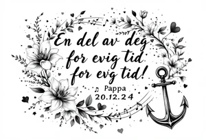 make a quote saying "En del av deg for evig tid! 
Pappa 20.12.24"
Surrounded by delicate long blossom gladious, music notes, hearts and an anchor on the lower right side tattoo idea