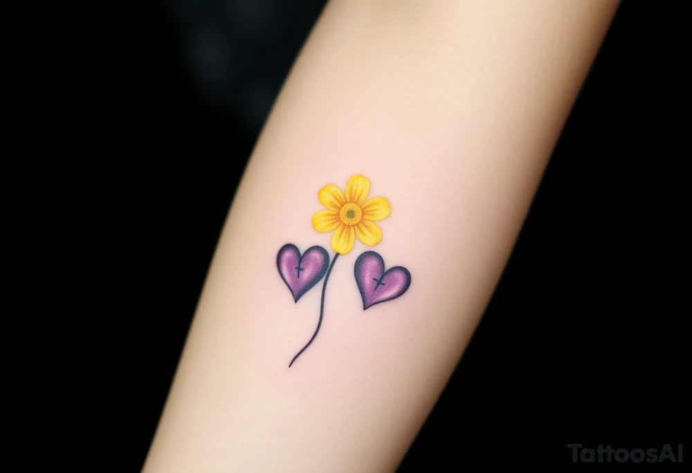 simple with Purple Hearts with yellow daisy with cross tattoo idea