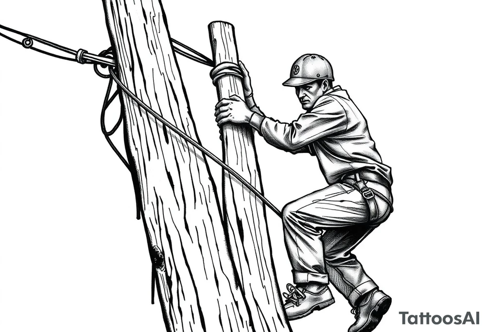power lineman climbing a wooden 12kv pole. Make the pole a cross that has a hidden resemblance to god. tattoo idea