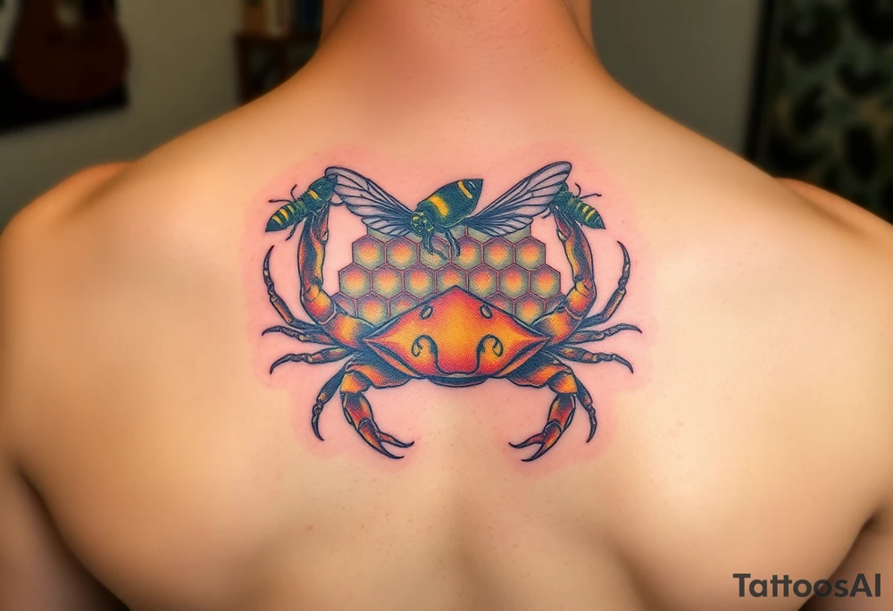 Honey comb bees, fish, crab tattoo idea