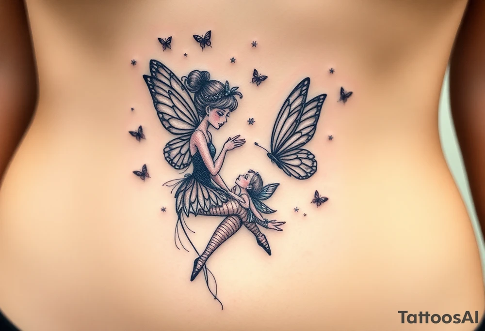Small butterflies with sparkles falling as they surround a beautiful fairy with a young fairy staying close to to the other fairy with the butterflies looking to play tattoo idea