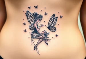 Small butterflies with sparkles falling as they surround a beautiful fairy with a young fairy staying close to to the other fairy with the butterflies looking to play tattoo idea
