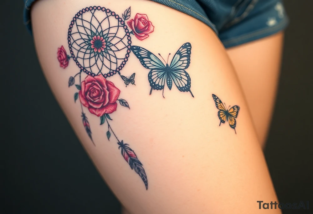 Dreamcatcher roses and butterflies tattoo idea