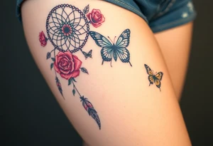Dreamcatcher roses and butterflies tattoo idea