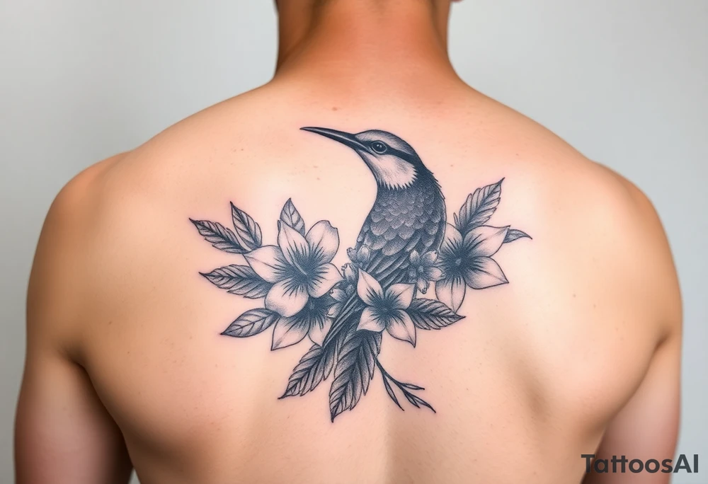kolea bird hawaiian flowers and lei in color detailed tattoo idea