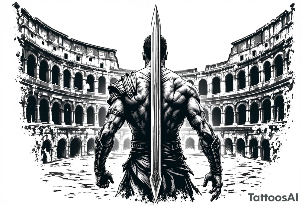 Roman gladiator from behind holding a broadsword in front of the Colliseum arena tattoo idea