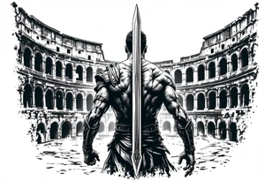 Roman gladiator from behind holding a broadsword in front of the Colliseum arena tattoo idea