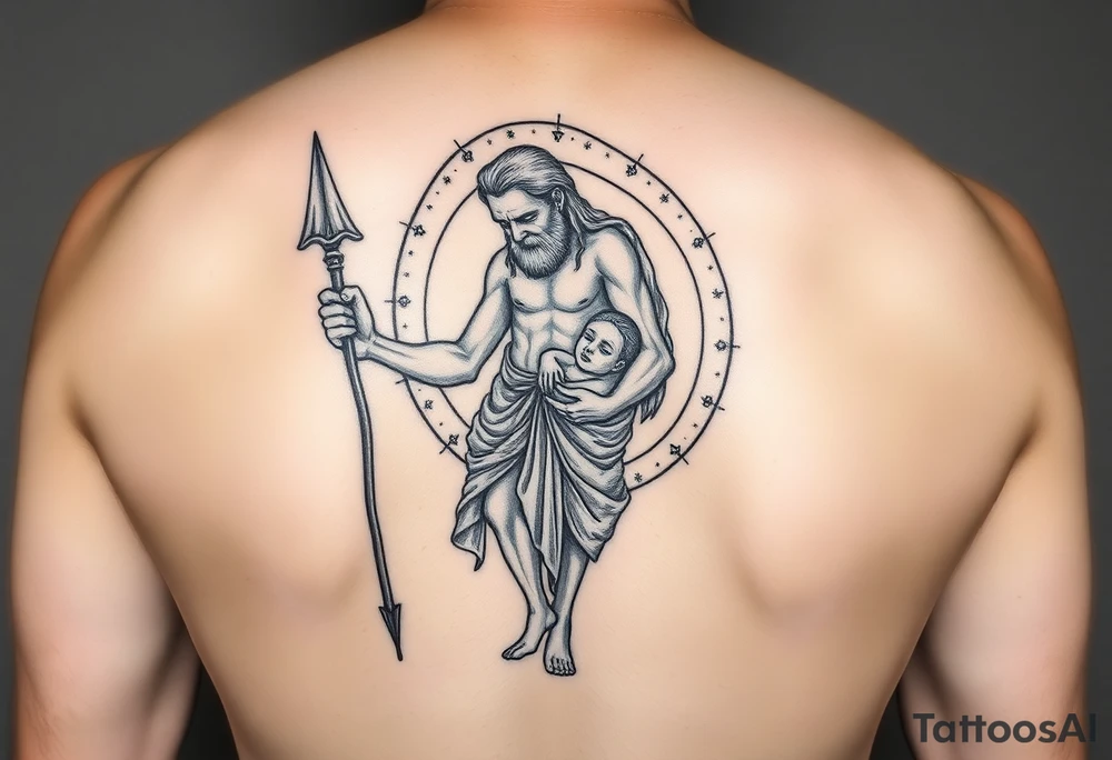 a tattoo design of the God Saturn but older and nearly dying holding his spear looking down using the spear to keep himself upright, in his other arms cradling a twin dying younger version of himself. The gemini constellation is in the background behind the Saturn Gods. Long vertical form as this will be on a thigh - include the planet Saturn rings going round the design tattoo idea