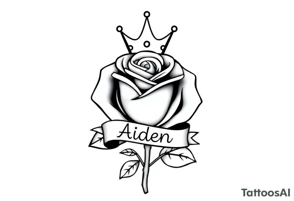 Rose with a small kings crown above it a ribbon around the front of the rose with the name Aiden inside it tattoo idea