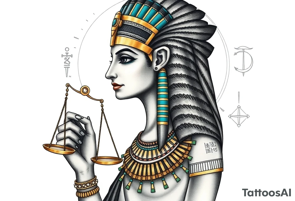 Super realistic tattoo design of the Egyptian goddess Ma’at, depicted as a serene and regal woman with an elegant ostrich feather on her head symbolizing truth and balance, wearing traditional ancient Egyptian attire with intricate gold and turquoise jewelry, holding scales of justice in one hand. The design features detailed facial features with soft natural lighting, realistic skin texture, and subtle shading to emphasize depth and dimension. Background elements include faint hieroglyphics and cosmic symbols representing order and harmony. Style: hyper-realistic, high detail, focused on symbolism and spiritual essence, suitable for upper arm or chest tattoo. tattoo idea