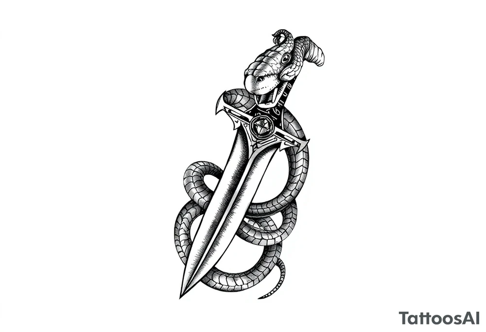 mystical snake coiled around an ancient dagger with jeweled hilt tattoo idea