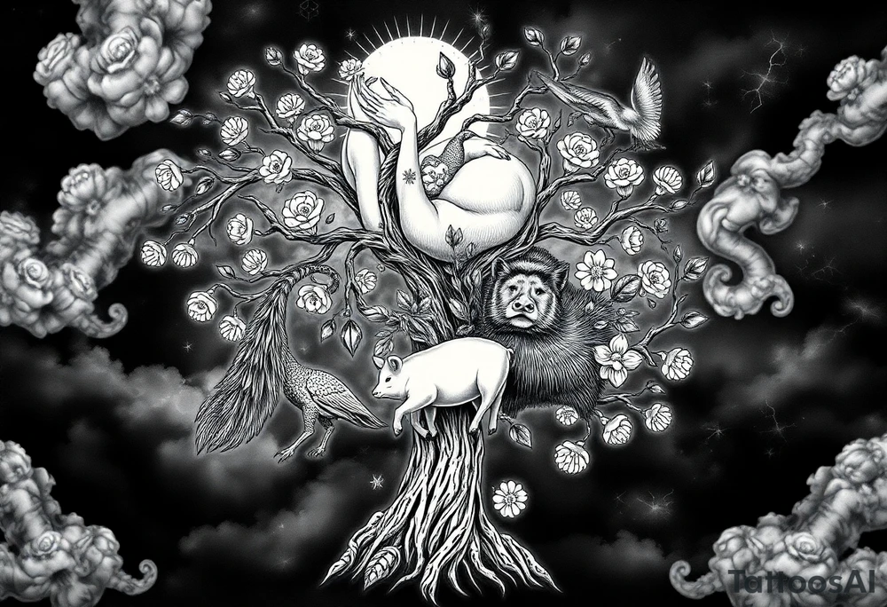 mystical tree  with cosmic  branches fat naked sexy woman , peacock , pig , cupcakes, sins,  Storm clouds, pig, peacock , fat sexy naked fat woman, cupcakes, noose , money, goat lion, man sex toys pussy dicks, cigerette storm lightening, killing, darkness death, violent majestic creatures and tattoo idea