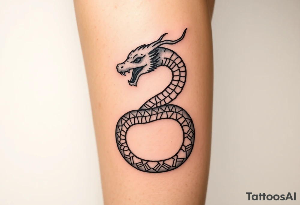 Ouroborous or dragon/serpent/snake eating its own tail in a figure 8 in negative space with geometric patterns on a leg tattoo design tattoo idea