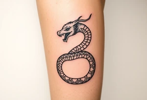 Ouroborous or dragon/serpent/snake eating its own tail in a figure 8 in negative space with geometric patterns on a leg tattoo design tattoo idea