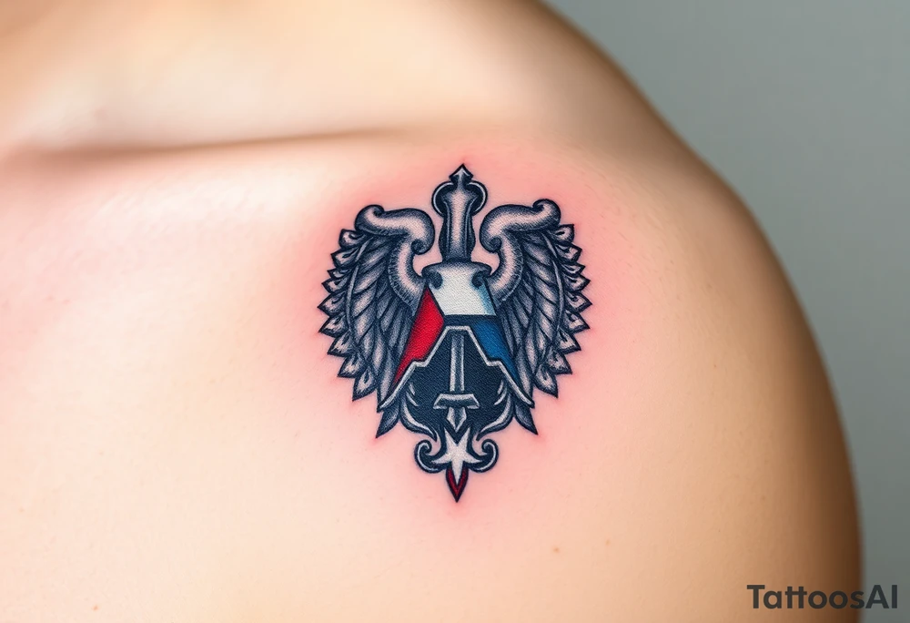 A Czech paratrooper badge with realistic shading, honoring military history with silver, red, and blue tones tattoo idea