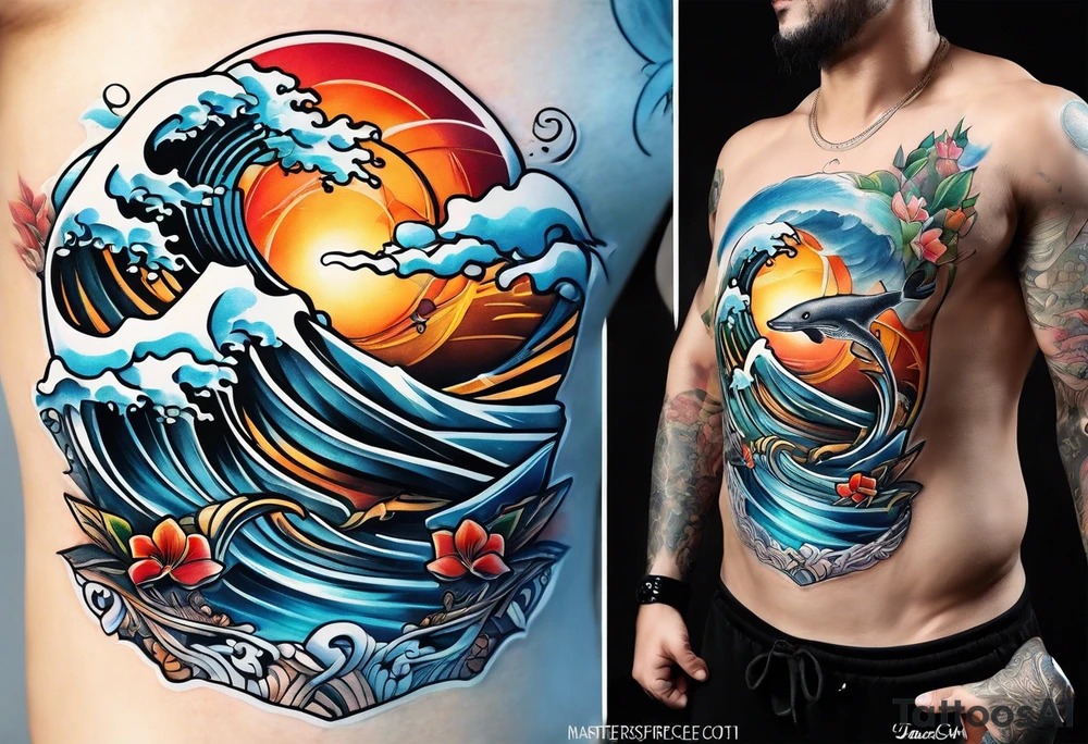 playing soccer and ocean combination tattoo idea