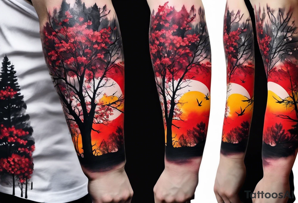 trash polka style. Arm tattoo. Long tattoo. Full sleeve. Shoulder. A single large maple tree with red autumn leaves that branches upwards from wrist to shoulder. White-throated dipper bird on the trees branches. Calluna flowers at the base of the trees stem. Tree stem has dark colors. Red/yellow sunset behind the trees stem. Leaves falling. tattoo idea