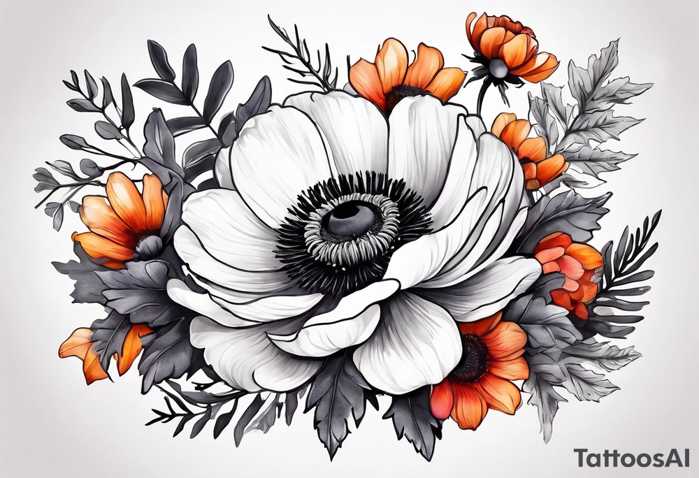 a white anemone with black center with thistles, ferns, ranuculus, sun flowers, red flowers, pink flowers, orange flowers, yellow flowers in watercolor tattoo idea