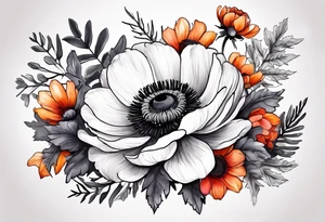 a white anemone with black center with thistles, ferns, ranuculus, sun flowers, red flowers, pink flowers, orange flowers, yellow flowers in watercolor tattoo idea