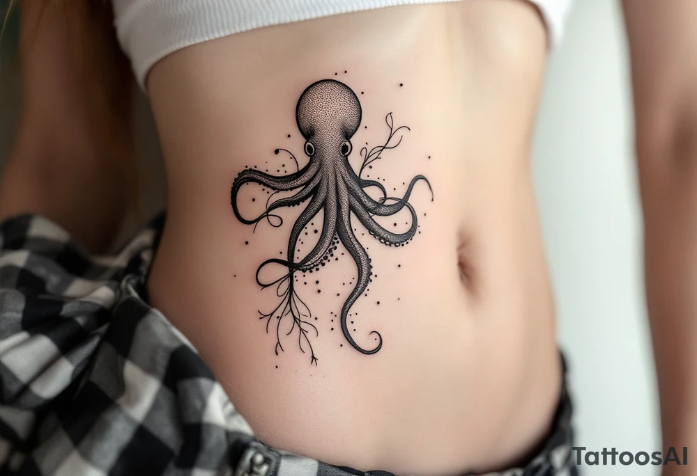 A delicate, large-scale fine line tattoo on the side torso of a woman with fair skin, extending from the ribs to the hip. The design subtly reveals the form of an octopus, with flowing, abstract organic lines that resemble both seaweed and the creature’s tentacles. The octopus is stylized and partially hidden within the composition, with its shape emerging naturally from the curved, airy ink lines. The tattoo maintains a minimalist, elegant aesthetic with black fine line work, giving a sense of fluid motion and mystery. Photorealistic style, high detail, natural lighting, soft shadows. tattoo idea