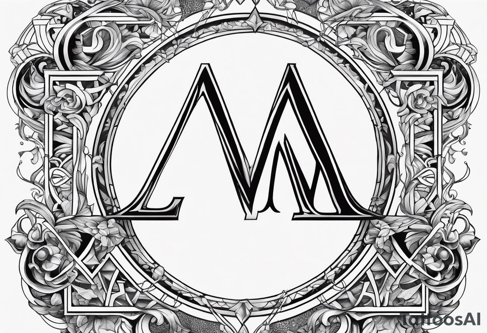 Intricate letter M, the number 4, Libra symbol, and two interlocking Mars symbols tattoo idea